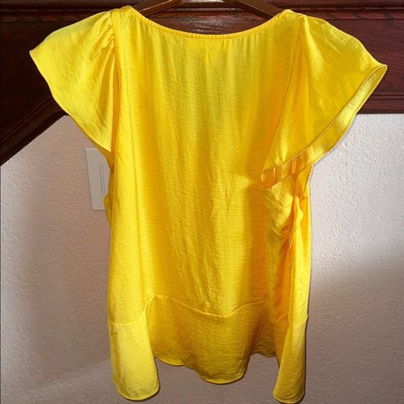 Michael Kors Womens Size Large Yellow Ruffle Flutter Sleeve V Neck Casual Blouse - Picture 6 of 6